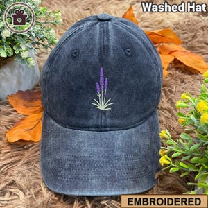Embroidered Lavender Flower Embroidered Baseball Cap, Washed Cotton Curve Brim Summer Hat, Baseball Cap
