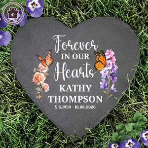 Piedra conmemorativa personalizada para jardín, marcador de tumba grabado a medida con nombre y fechas, homenaje al aire libre &quot;Por siempre en nuestros corazones&quot;.