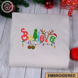 Christmas Believe Sweatshirt Embroidered - Christmas - Believe Santa, Merry Christmas Embroidered Shirt, Embroidered Christmas Trees Tee
