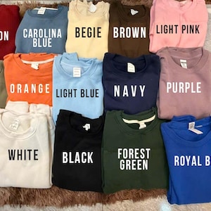 May include: A collection of crewneck sweatshirts in various colors, including maroon, Carolina blue, beige, brown, light pink, sport grey, military green, orange, light blue, navy, purple, sand, dark heather, white, black, forest green, and royal blue. Each shirt has the color name printed on it.