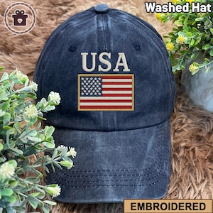 USA Embroidered Hat, American Flag Hat, Patriotic Washed Cap, USA Hat, Independence Day Hat, Patriotic America Hat Gift for Mama Dad Grandpa