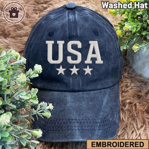 USA Embroidered Hat, American Hat, Patriotic Washed Cap, USA Hat, Independence Day Hat, Patriotic America Hat Gift for Mama Dad Grandpa