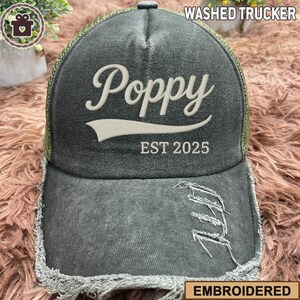 Poppy Hat With Custom Year Est, Grandpa Trucker Hat, Embroidered Hat, Personalized Grandpa Hat, Father&#39;s Day Gift, New Grandpa Gift