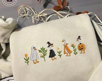 Embroidered Halloween Goose Sweatshirt, Cute Witch Ghost Pumpkin Goose Tee,Cute Horror Shirt, Spooky Goose Shirt,Funny Halloween Goose Shirt