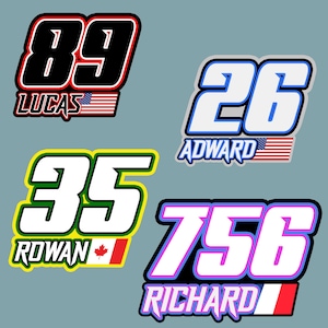 Custom Racing Number Name Flag Die-Cut Waterproof Vinyl Sticker for Decoration Motorcycle Team Club Car Fairing Helmet Dirt Bike BMX Truck