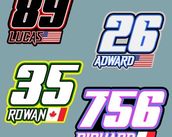 Custom Racing Number Name Flag Die-Cut Waterproof Vinyl Sticker for Decoration Motorcycle Team Club Car Fairing Helmet Dirt Bike BMX Truck
