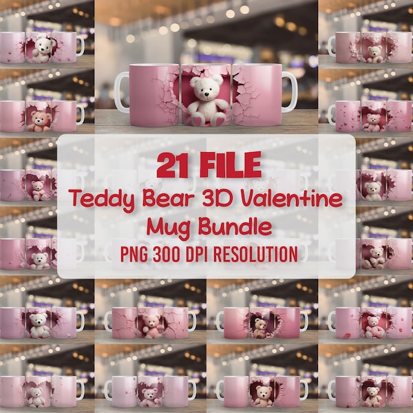 21 File Adorable Teddy Bear 3D Valentine Mug Bundle, Valentine's Day Animals Mug, Valentines Gift, Single Season valentine mug wrap