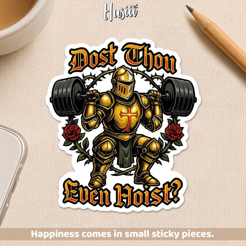 May include: A sticker featuring a golden knight in armor lifting a barbell, with the text "Dost Thou Even Hoist?" above and below the knight. The design includes roses and thorny vines, with the phrase "Happiness comes in small sticky pieces."