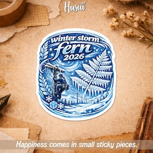 May include: A blue and white sticker with the words "Winter Storm Fern 2026" and an illustration of a lineman working on a power pole in a snowy landscape. The sticker also features a fern and the text "Happiness comes in small sticky pieces."