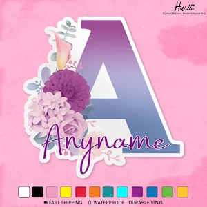 Custom Sticker Personalized Floral Name Sticker Customized Initial, Name With More Color Flower Butterfly Waterproof Vinyl Sticker