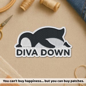 May include: Embroidered patch with the text "DIVA DOWN" in white letters. The patch features a black and white design. The patch is surrounded by white stitching. The image also includes sewing supplies.
