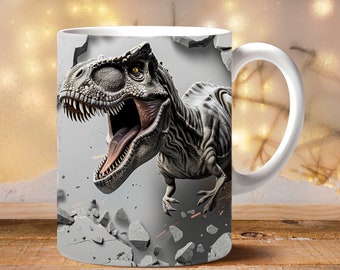 3D Wall Break Through With T-Rex Mug Wrap, 11oz & 15oz Mug Template, Mug Sublimation Design, Mug Wrap Template, Instant Download PNG 04