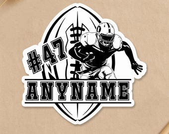 May include: A black and white sticker depicting a football player in action, holding a ball. The sticker has the number "47" and the word "ANYNAME" in a bold font. The sticker is football-shaped and includes the text "CUSTOM PORTRAITS & PLAYFUL, POSITIVE STICKER ART".