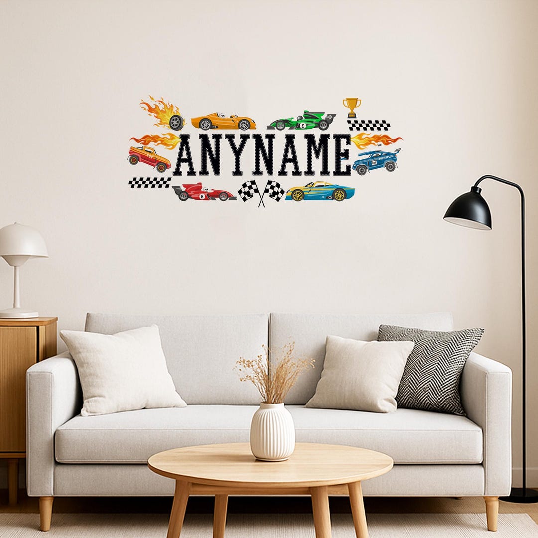 Custom Race Cars Wall Decal, Personalized Name Car Boy Bedroom ...