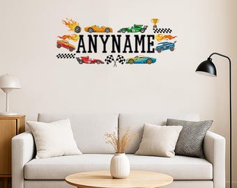 Custom Race Cars Wall Decal, Personalized Name Car Boy Bedroom Transparent, Large Vinyl Nursery Wall Decal Home, Room Boy Girls Bedroom