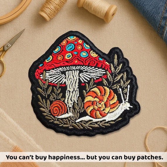 Mushroom and Snail Patch, Forest Aesthetic Mushrooms Hippie Patch for Clothes Backpack Hat Gift Jean Bag
