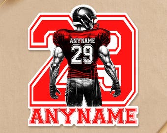 May include: A sticker depicting a football player in a red jersey with the name "ANYNAME" and the number 29. The sticker is in the shape of the number 23, with the player's image inside. The text "CUSTOM PORTRAITS & PLAYFUL, POSITIVE STICKER ART" is at the top.