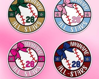 Custom Baseball All Stars Sticker, Personalized Softball Baseball Coquette Name  Decal for Laptop Water Bottle Gift Bags