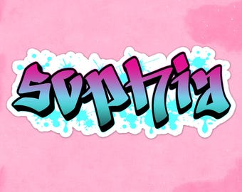 May include: A sticker with the name "Sophia" in a graffiti style, featuring a gradient of pink and blue. The design includes a white border and blue paint splatter accents. Text at the top says "DESIGN COLORS CAN BE CUSTOMIZED TO YOUR PREFERENCE."