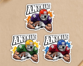 May include: Three sticker designs featuring American football players. Each sticker has a different color scheme: purple and red, green and yellow, and red and blue. The text "ANYNAME" is above each player. The stickers are labeled "FAST SHIPPING", "WATERPROOF", and "DURABLE VINYL".