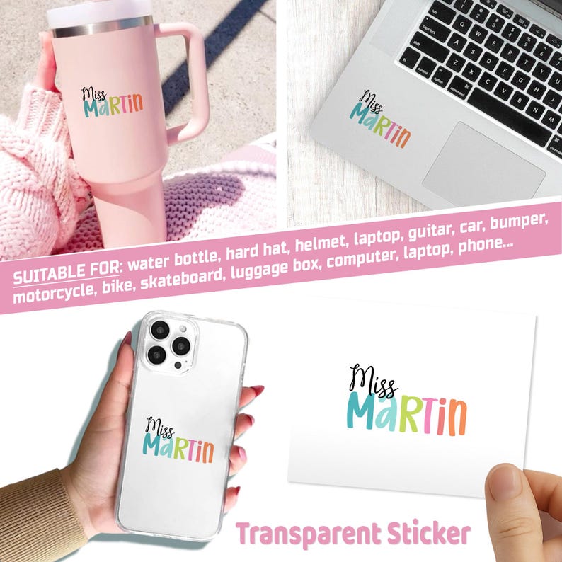 Custom Name Stickers Personalized Vinyl Waterproof for Teacher Student Kids Girls Teens Name Tags Decal for Laptop Water Bottle Gift Bags Transparent Sticker