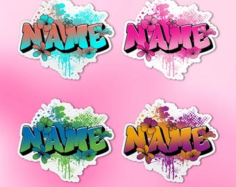 Custom Graffiti Name Sticker, Personalized Name Graffiti With Cute Flowers Retro Wall Die-cut Vinyl Waterproof Die-cut for Boys Girls Bike
