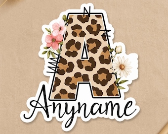 Custom Leopard Name Sticker, Personalized Leopard Cheetah Initial Letter Name Decal for Laptop Water Bottle Gift Bags Gifts for Her, Him