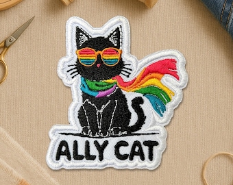 Ally Cat Pride Month Patch, LGBTQ Queer Gay Trans Rights Pride Moms Parents Rainbow Flag Embroidery Patches for Clothes Jacket Gift Backpack
