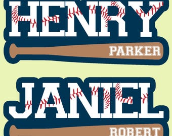 May include: Two baseball-themed name tags with a baseball bat design. The top tag says "HENRY PARKER" and the bottom tag says "DANIEL ROBERT".