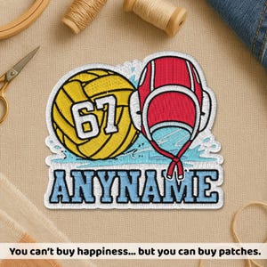 May include: Embroidered patch featuring a yellow water polo ball with the number 67, a red and white water polo helmet, and the text "ANYNAME" in blue. The patch is on a light blue background with water splashes.