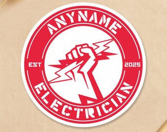 May include: A circular red and white sticker with the words "ANYNAME ELECTRICIAN" and "EST 2025". The design shows a fist grasping a lightning bolt. The sticker is labelled "CUSTOM PORTRAITS & PLAYFUL, POSITIVE STICKER ART".