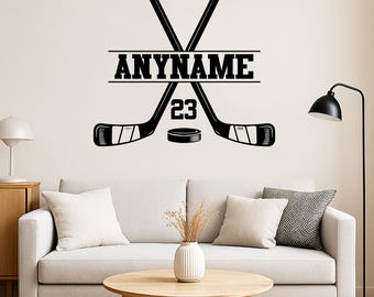 Custom Hockey Wall Decal, Personalized Star Ice Hockey Name Number Transparent Large Vinyl Nursery Wall Decal for Home Room Boy Girl Bedroom