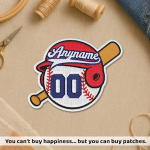May include: Embroidered baseball patch with a red helmet, baseball, and bat. The patch features the text "Anyname" in blue script and the number "00" in blue. The baseball is white with red stitching. The text at the bottom says "You can't buy happiness... but you can buy patches."