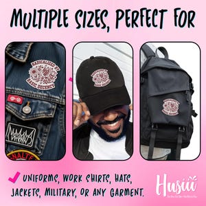 Peut inclure: Image pr&eacute;sentant des &eacute;cussons et une casquette avec le texte "RADICALIZED BY BASIC DECENCY". Les &eacute;cussons sont affich&eacute;s sur une veste en jean et la casquette est port&eacute;e par une personne. Un sac &agrave; dos affiche &eacute;galement l'&eacute;cusson. L'image comprend le texte "MULTIPLE SIZES, PERFECT FOR" et "UNIFORMS, WORK SHIRTS, HATS, JACKETS, MILITARY, OR ANY GARMENT."