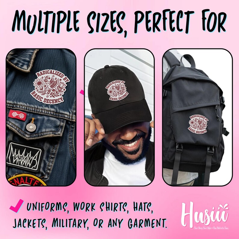 Peut inclure: Image pr&eacute;sentant des &eacute;cussons et une casquette avec le texte "RADICALIZED BY BASIC DECENCY". Les &eacute;cussons sont affich&eacute;s sur une veste en jean et la casquette est port&eacute;e par une personne. Un sac &agrave; dos affiche &eacute;galement l'&eacute;cusson. L'image comprend le texte "MULTIPLE SIZES, PERFECT FOR" et "UNIFORMS, WORK SHIRTS, HATS, JACKETS, MILITARY, OR ANY GARMENT."