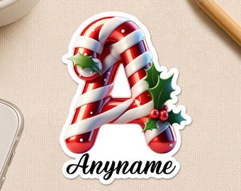 Personalized Christmas Name Letter Sticker, Custom Santa Hat Xmas Holiday Waterproof Sticker for Water Bottle, Car, Notebook, Laptop