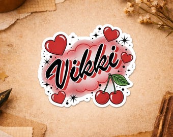 Custom Retro Airbrush Heart Cherry Name Sticker, Personalized Graffiti Spray Name Sticker for Laptop, Water Bottle, Tumbler, Gift, Helmet