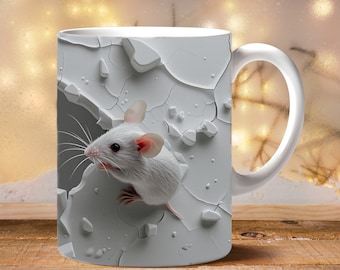 3D Wall breakthrough Mouse Mug Wrap, Mug Wrap Sublimation Design PNG, 11oz and 15oz Coffee Cup Template, 3D Mouse Press Mug Design 02