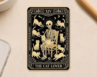 The Cat Lover Tarot Sticker, Funny Skeleton Cute Gothic Cats Mom Waterproof Die cut Sticker for Notebook Gift Water Bottle Helmet Laptop