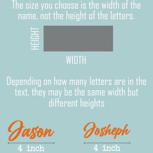 K&ouml;nnte beinhalten: Diagramm, das zeigt, wie man die Breite eines Namens f&uuml;r ein individuelles Design misst. Die von Ihnen gew&auml;hlte Gr&ouml;&szlig;e ist die Breite des Namens, nicht die H&ouml;he der Buchstaben. Zwei Beispiele zeigen die Namen "Jason" und "Joseph" mit einer Breite von 4 Zoll.