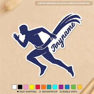 May include: A navy blue sticker featuring a running figure with the word "Anyname" in a stylized font. The sticker has a white border and includes the text "CUSTOM PORTRAITS & PLAYFUL, POSITIVE STICKER ART".
