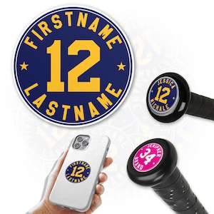 Personalized Baseball Bat Knob Sticker, Custom Player Name Number Baseball Softball for Helmet Decal Waterproof Vinyl Water Bottle Laptop