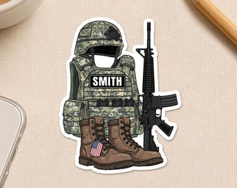 Personalized Military Uniform Name Sticker, Custom Boots & Hat Name Veteran Soldier Army Water Proof-Vinyl Sticker Laptop Gift Water Bottle