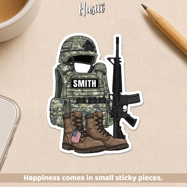 Personalized Military Uniform Name Sticker, Custom Boots & Hat Name Veteran Soldier Army Water Proof-Vinyl Sticker Laptop Gift Water Bottle