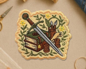 Fantasy Book Patch, Fairytale Sword and Book Patches Gold Romance Bookish Reader Bookworm Booktok Embroidery Patches for Clothes Jacket Gift