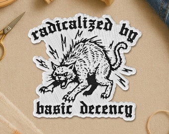 Radicalized By Basic Decency Patch, Angry Cat Humor Funny Political Social Justice Embroidery Patches for Clothes Backpack Jacket Bag Gift