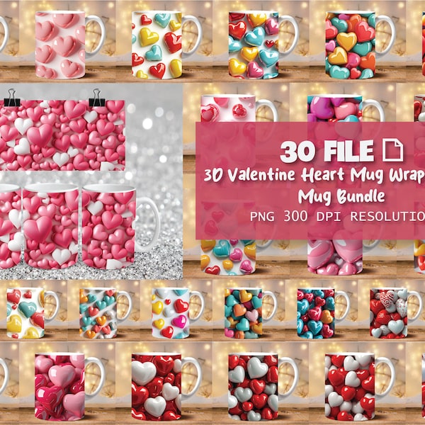 30 File 3D Valentine Heart Mug Wrap Bundle, Valentine's Day Cute Bear Mug, Valentines Gift, Single Season Mug Wrap PNG, valentine mug wrap