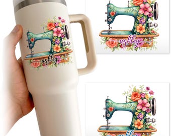 Custom Floral Sewing Machine Transparent Sticker, Personalized Tailor Seamstress Name Stickers Waterproof UV DTF Transfer for Laptop