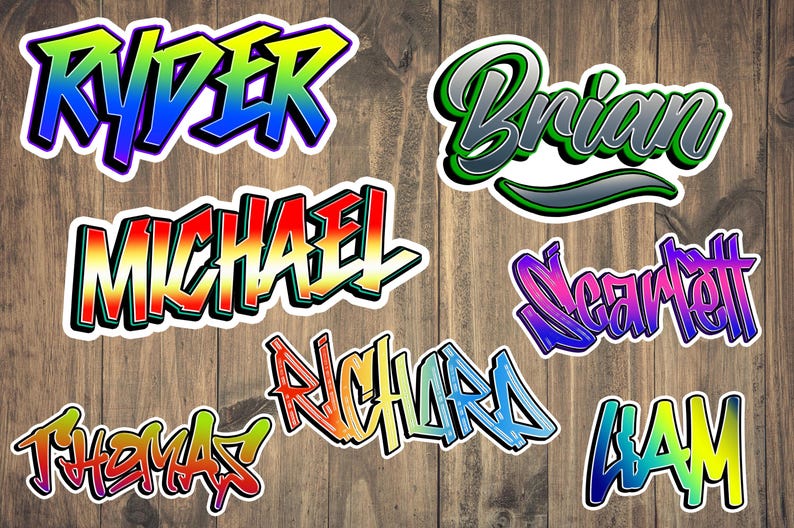 May include: Eight colorful, stylized name stickers with a graffiti-style font. The names are: Ryder, Brian, Michael, Scarlett, Richard, Liam, and Thomas.