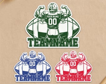 May include: Football-themed stickers with a muscular player in a helmet, the text "YOUR NAME" and "00". The stickers are available in green, blue, and red, with the word "TEAMNAME" below. The stickers are made of durable vinyl.